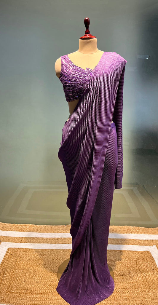 PURPLE COLOUR PLEATED READYMADE SAREE WITH DESIGNER EMBROIDERED BLOUSE