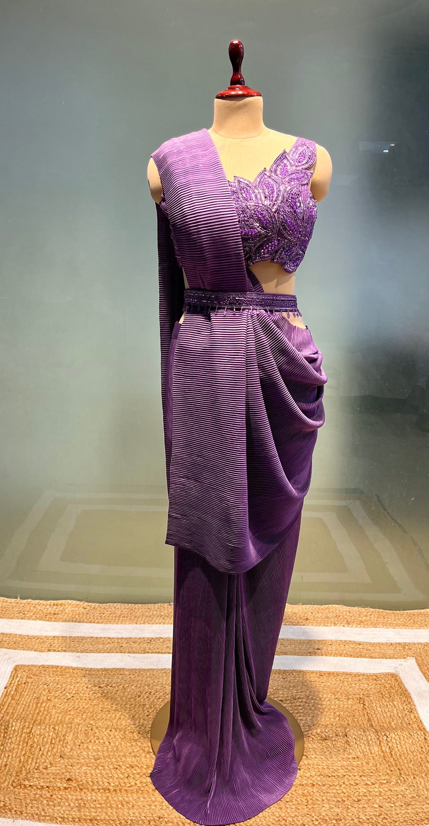 PURPLE COLOUR PLEATED READYMADE SAREE WITH DESIGNER EMBROIDERED BLOUSE