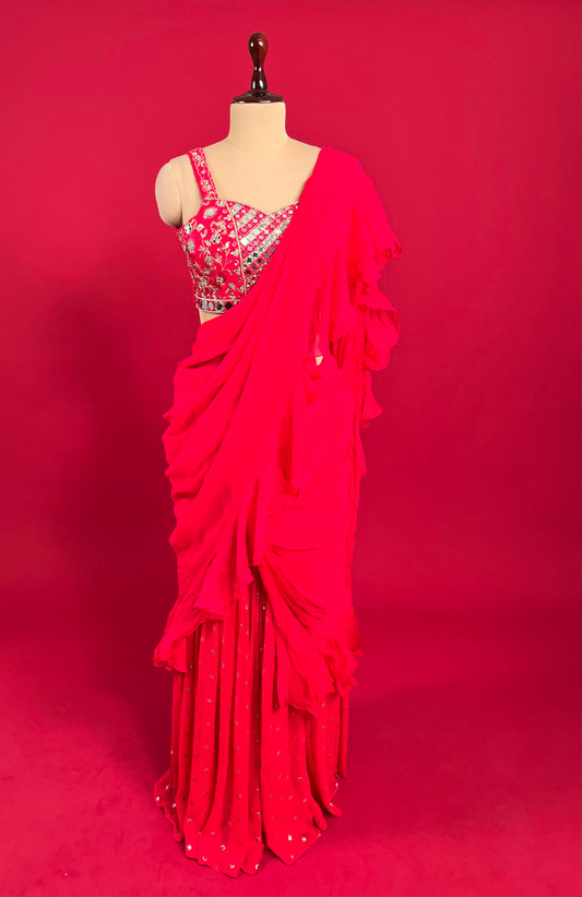 HOT PINK COLOUR SHARARA STYLE DRAPE SAREE WITH EMBROIDERED READYMADE BLOUSE EMBELLISHED WITH MIRROR WORK