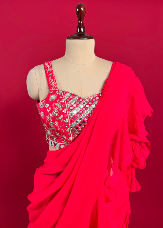 HOT PINK COLOUR SHARARA STYLE DRAPE SAREE WITH EMBROIDERED READYMADE BLOUSE EMBELLISHED WITH MIRROR WORK