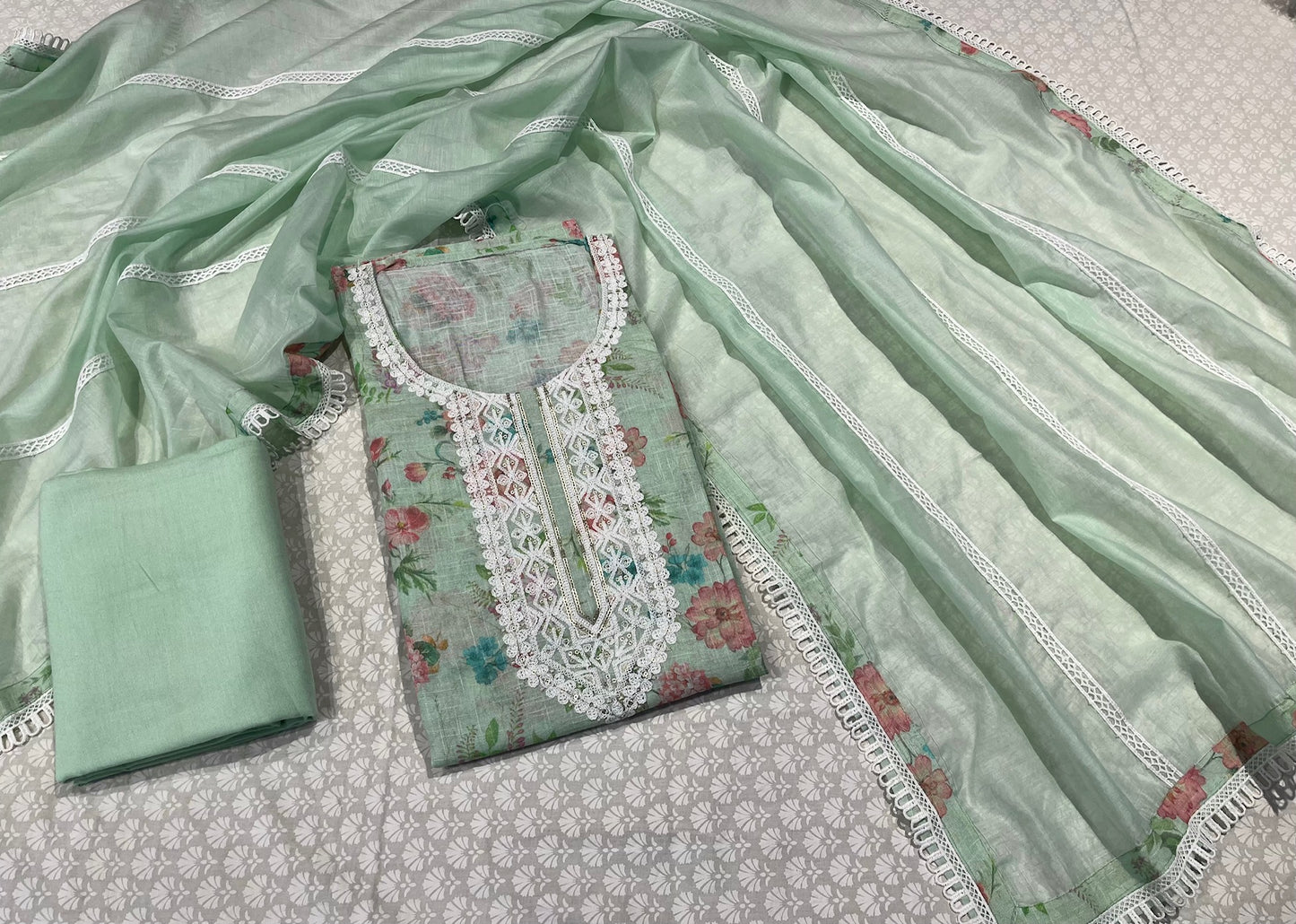 SEA GREEN COLOUR LINEN UNSTITCHED SUIT EMBELLISHED WITH THREAD WORK