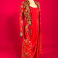 RED COLOUR SATIN SILK INDOWESTERN DRESS WITH EMBROIDERED MUSLIN SILK SHRUG EMBELLISHED WITH RESHAM & BEADS WORK