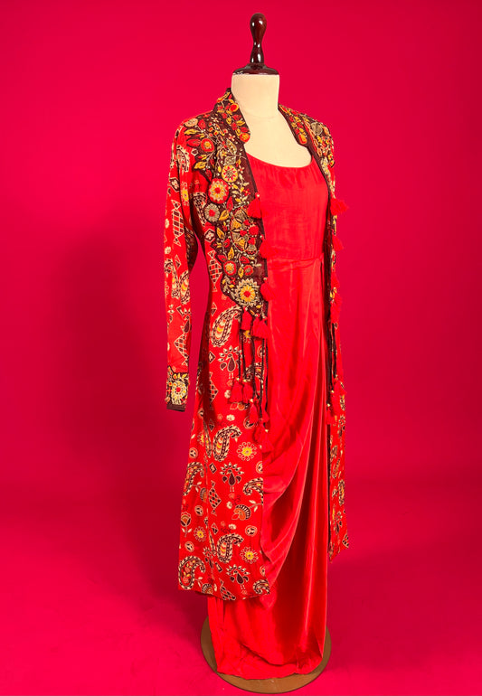 RED COLOUR SATIN SILK INDOWESTERN DRESS WITH EMBROIDERED MUSLIN SILK SHRUG EMBELLISHED WITH RESHAM & BEADS WORK