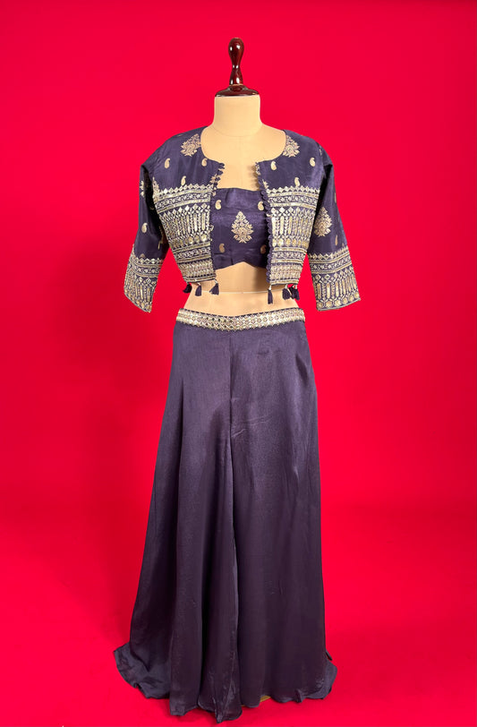 PURPLE COLOUR CHINON PALAZZO PANT WITH CROP TOP & EMBROIDERED JACKET EMBELLISHED WITH MIRROR & ZARI WORK