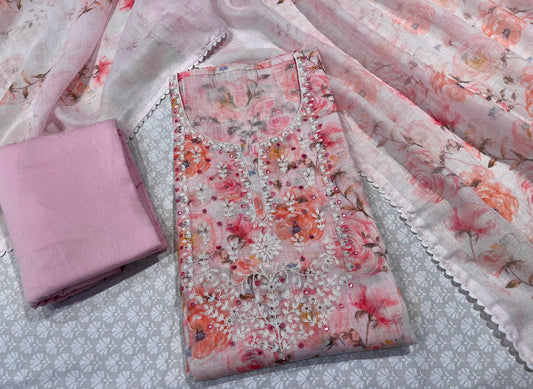 PINK COLOUR LINEN PRINTED UNSTITCHED SUIT EMBELLISHED WITH THREAD WORK