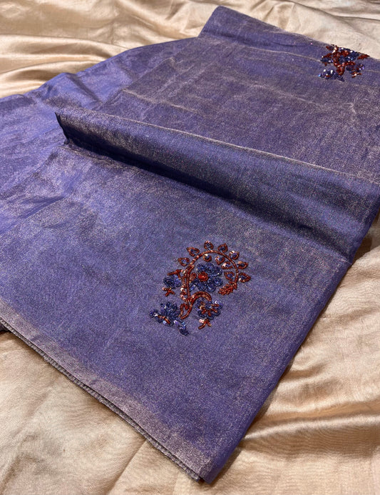 PURPLE COLOUR CHANDERI TISSUE HAND EMBROIDERED SAREE EMBELLISHED WITH SEQUINS WORK