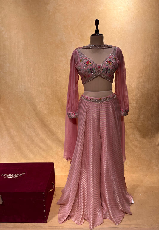 ( DELIVERY IN 25 DAYS ) PINK COLOUR PALAZZO WITH EMBROIDERED CROP TOP BLOUSE & DUPATTA EMBELLISHED WITH SEQUINS, CUTDANA & RESHAM EMBROIDERY ( INDOWESTERN DRESSES FOR PARTY )