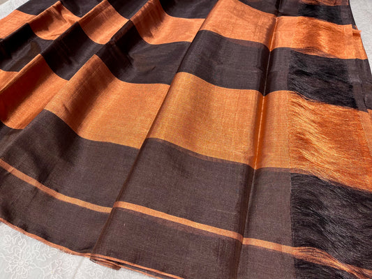 ( DELIVERY IN 25 DAYS ) STRIPED COPPER & BLACK COLOUR PURE CHANDERI TISSUE HANDLOOM SAREE WITHOUT BLOUSE