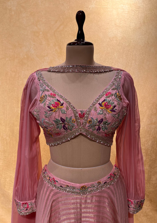 ( DELIVERY IN 25 DAYS ) PINK COLOUR PALAZZO WITH EMBROIDERED CROP TOP BLOUSE & DUPATTA EMBELLISHED WITH SEQUINS, CUTDANA & RESHAM EMBROIDERY ( INDOWESTERN DRESSES FOR PARTY )