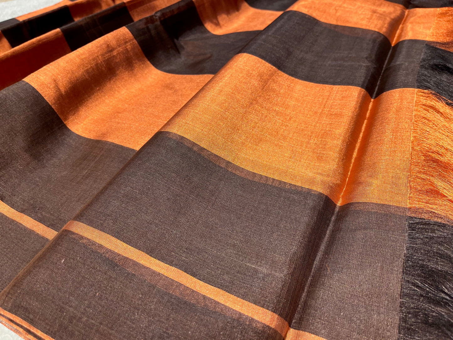 ( DELIVERY IN 25 DAYS ) STRIPED COPPER & BLACK COLOUR PURE CHANDERI TISSUE HANDLOOM SAREE WITHOUT BLOUSE