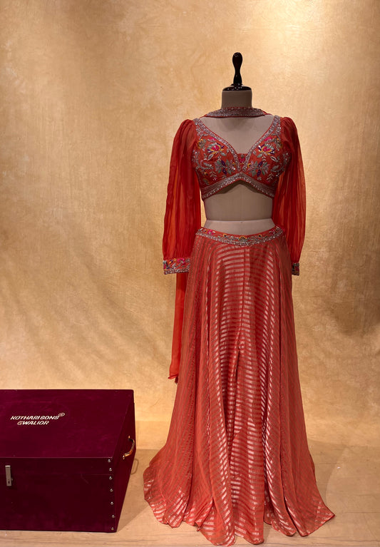 ORANGE COLOUR ORGANZA PALAZZO WITH CROP TOP BLOUSE & DUPATTA EMBELLISHED WITH CUTDANA, SEQUINS & RESHAM EMBROIDERY ( INDO WESTERN WEAR FOR WOMEN )