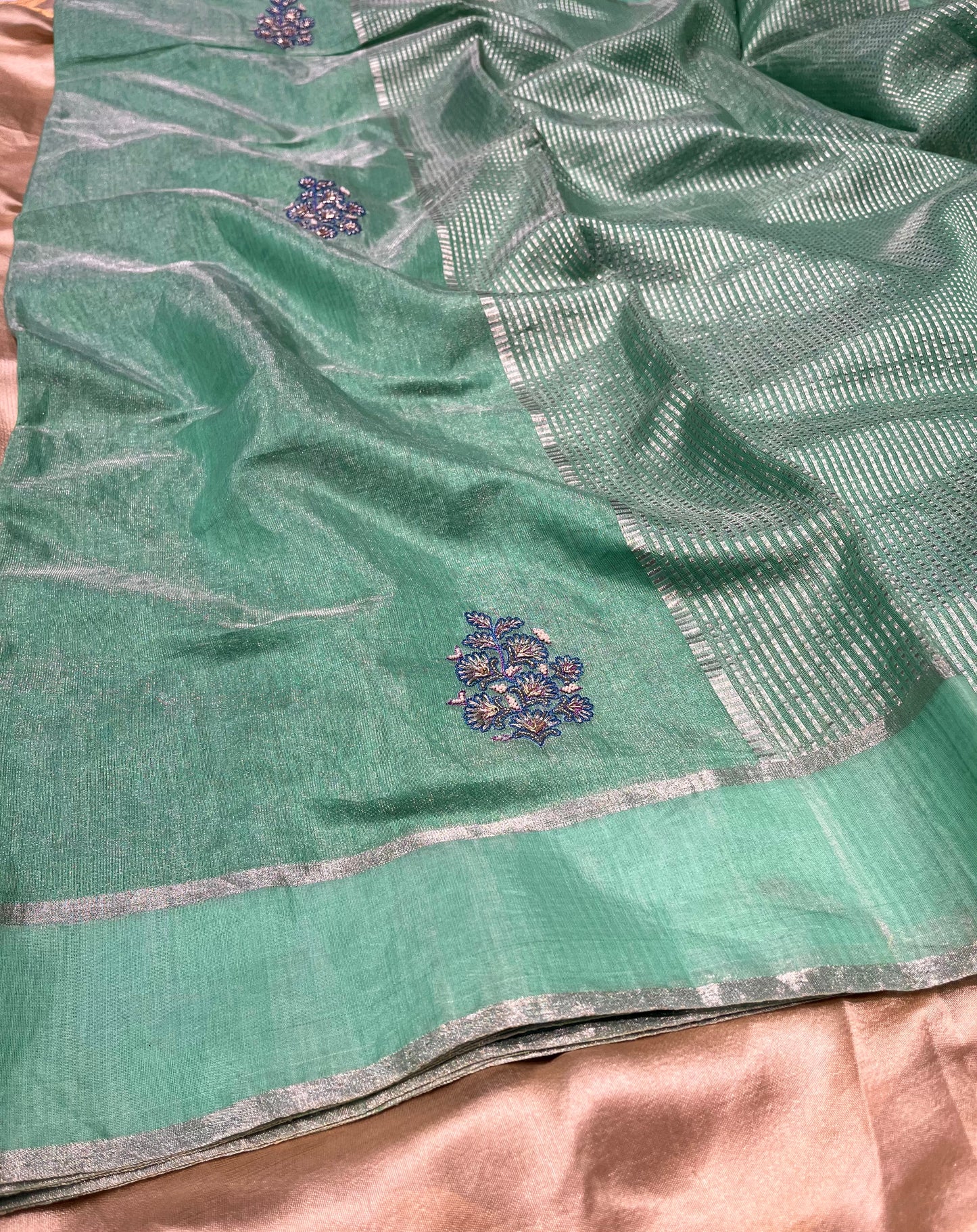 CHANDERI TISSUE HAND EMBROIDERED SAREE EMBELLISHED WITH BEADS & ZARDOZI WORK