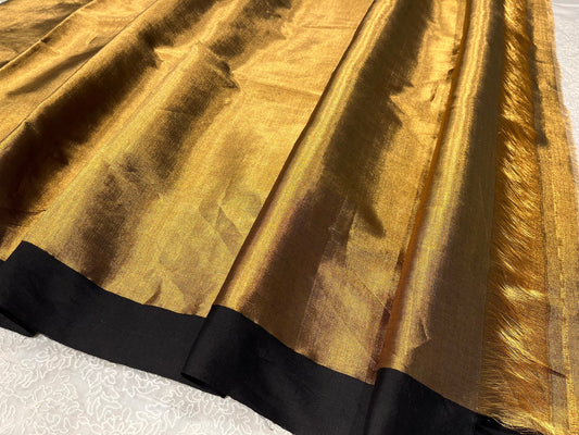 ( DELIVERY IN 25 DAYS ) GOLDEN COLOUR PURE CHANDERI TISSUE HANDLOOM SAREE EMBELLISHED WITH BLACK BORDER WITHOUT BLOUSE