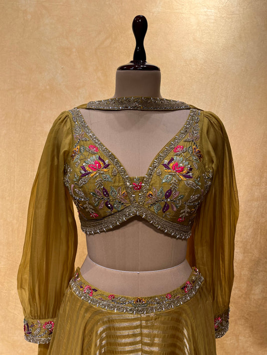 MEHENDI GREEN COLOUR CROP TOP WITH PLAZZO & DUPATTA EMBELLISHED WITH SEQUINS, CUTDANA & RESHAM EMBROIDERY ( INDO WESTERN OUTFITS )