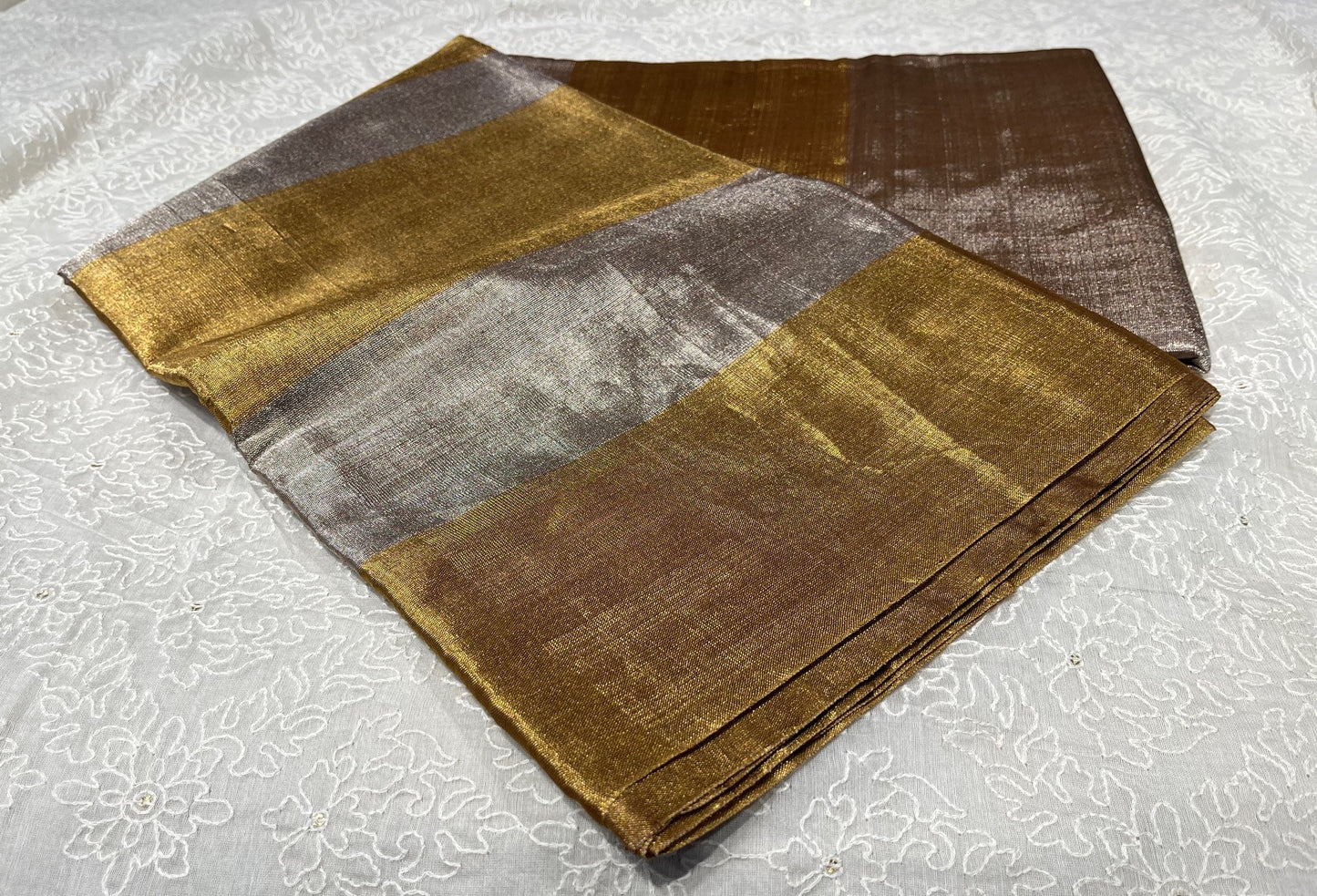 GOLDEN & SILVER STRIPED PURE CHANDERI TISSUE HANDLOOM SAREE WITHOUT BLOUSE
