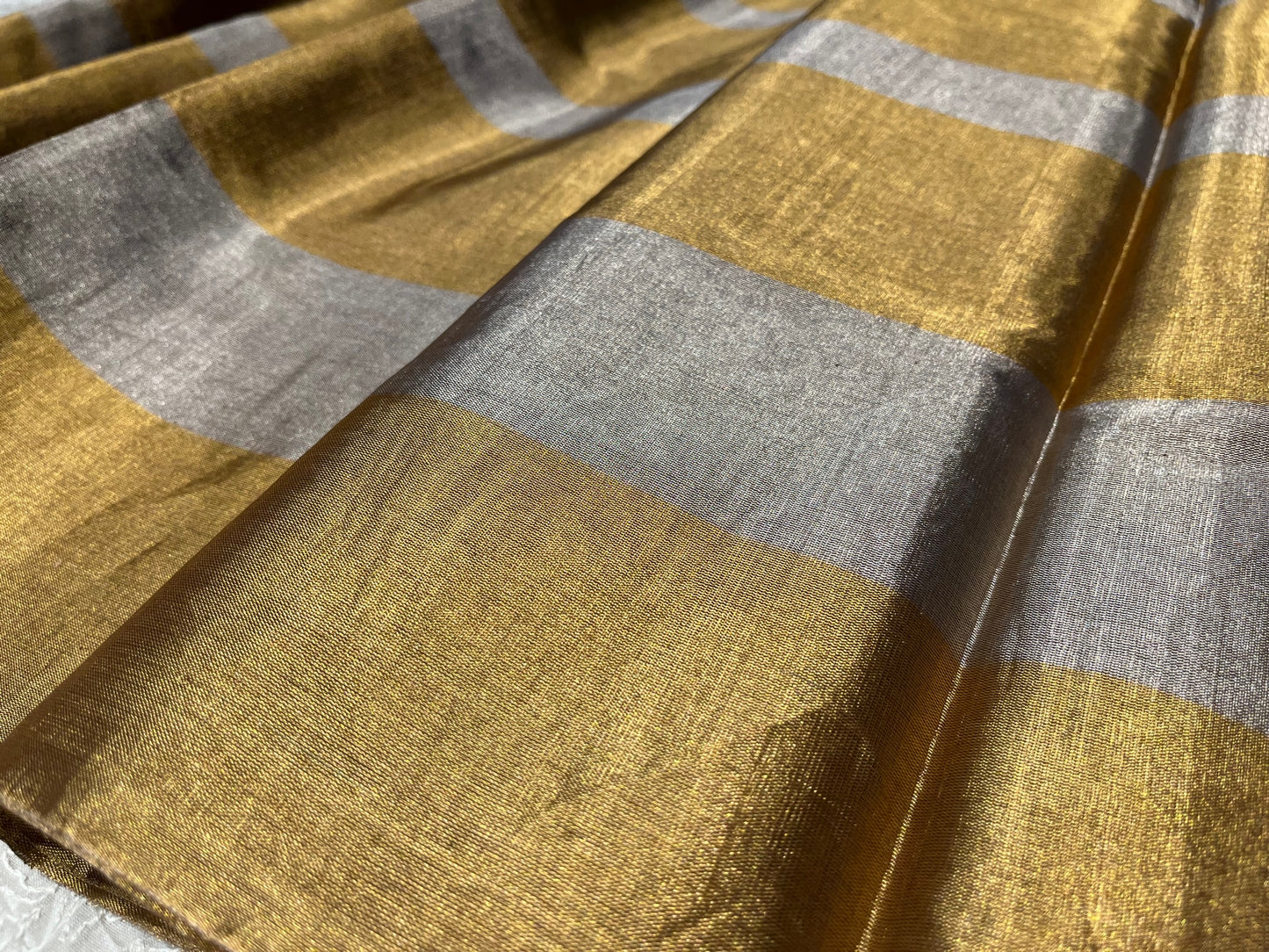 GOLDEN & SILVER STRIPED PURE CHANDERI TISSUE HANDLOOM SAREE WITHOUT BLOUSE