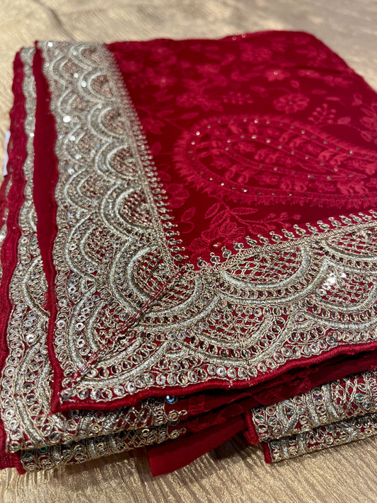 RED COLOUR GEORGETTE RESHAM EMBROIDERED SAREE WITH ZARI BORDER