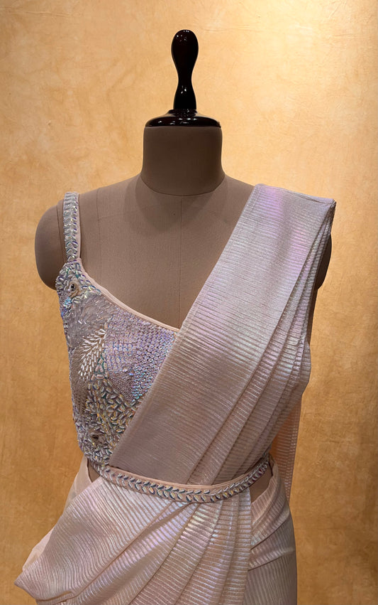 ( DELIVERY IN 25 DAYS ) PASTEL PEACH COLOR CRINKLE FOIL LYCRA READYMADE SAREE WITH DESIGNER BLOUSE EMBELLISHED WITH SEQUINS, BEADS & PEARL WORK