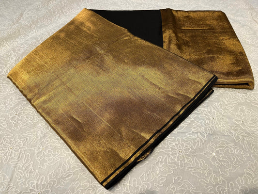 GOLDEN PURE CHANDERI TISSUE HANDLOOM SAREE EMBELLISHED WITH BLACK BORDER WITHOUT BLOUSE