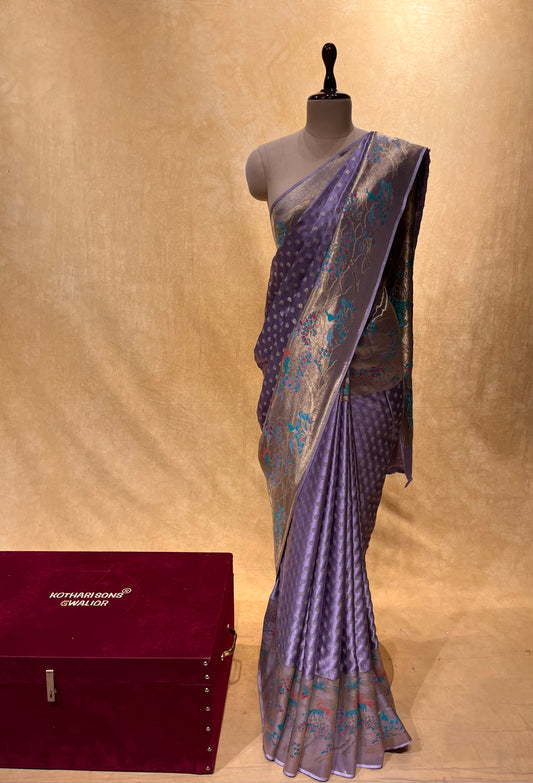 ( DELIVERY IN 15 DAYS ) LAVENDER COLOR BANARASI SATIN SILk PICHWAI SAREE EMBELLISHED WITH ZARI WEAVES