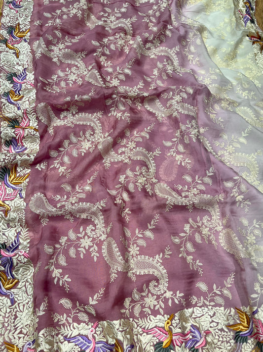 ONION PINK & WHITE COLOR ORGANZA SHADED EMBROIDERED SAREE EMBELLISHED WITH PARSI BORDER AND RESHAM WORK