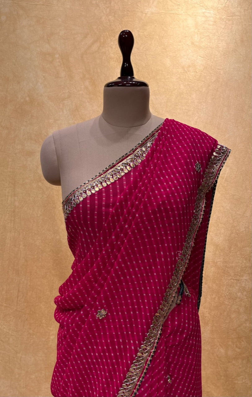 PINK COLOUR GEORGETTE LEHERIYA EMBROIDERED SAREE EMBELLISHED WITH GOTA PATTI WORK