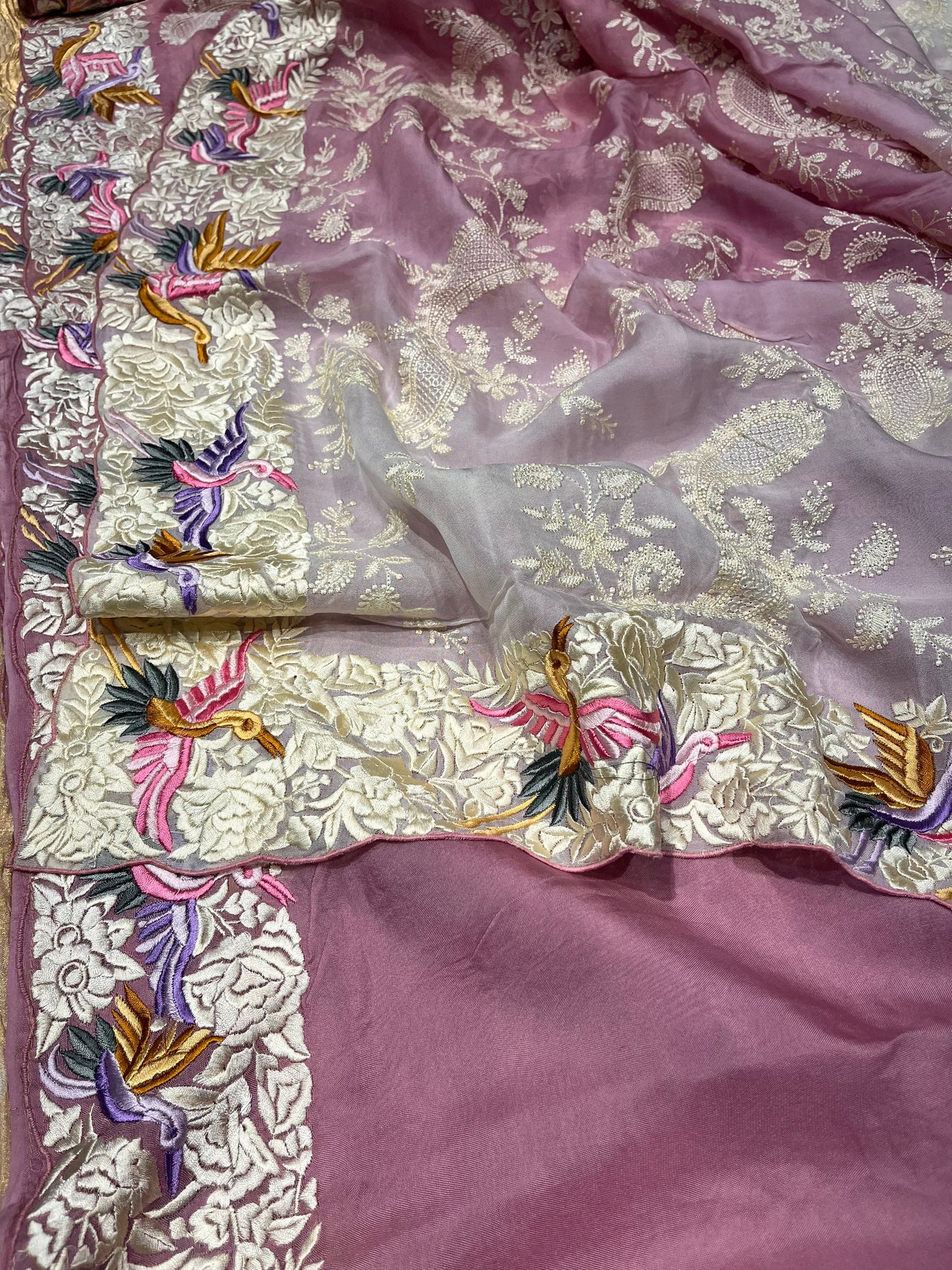 ONION PINK & WHITE COLOR ORGANZA SHADED EMBROIDERED SAREE EMBELLISHED WITH PARSI BORDER AND RESHAM WORK