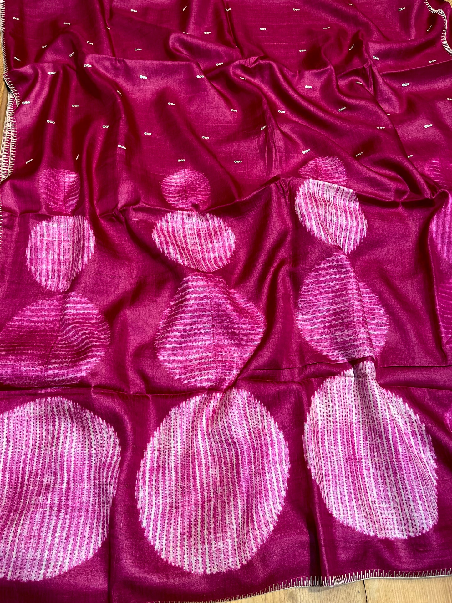 MAGENTA COLOUR PURE TUSSAR SILK SAREE EMBELLISHED WITH MIRROR FOIL WORK & EMBROIDERED BLOUSE