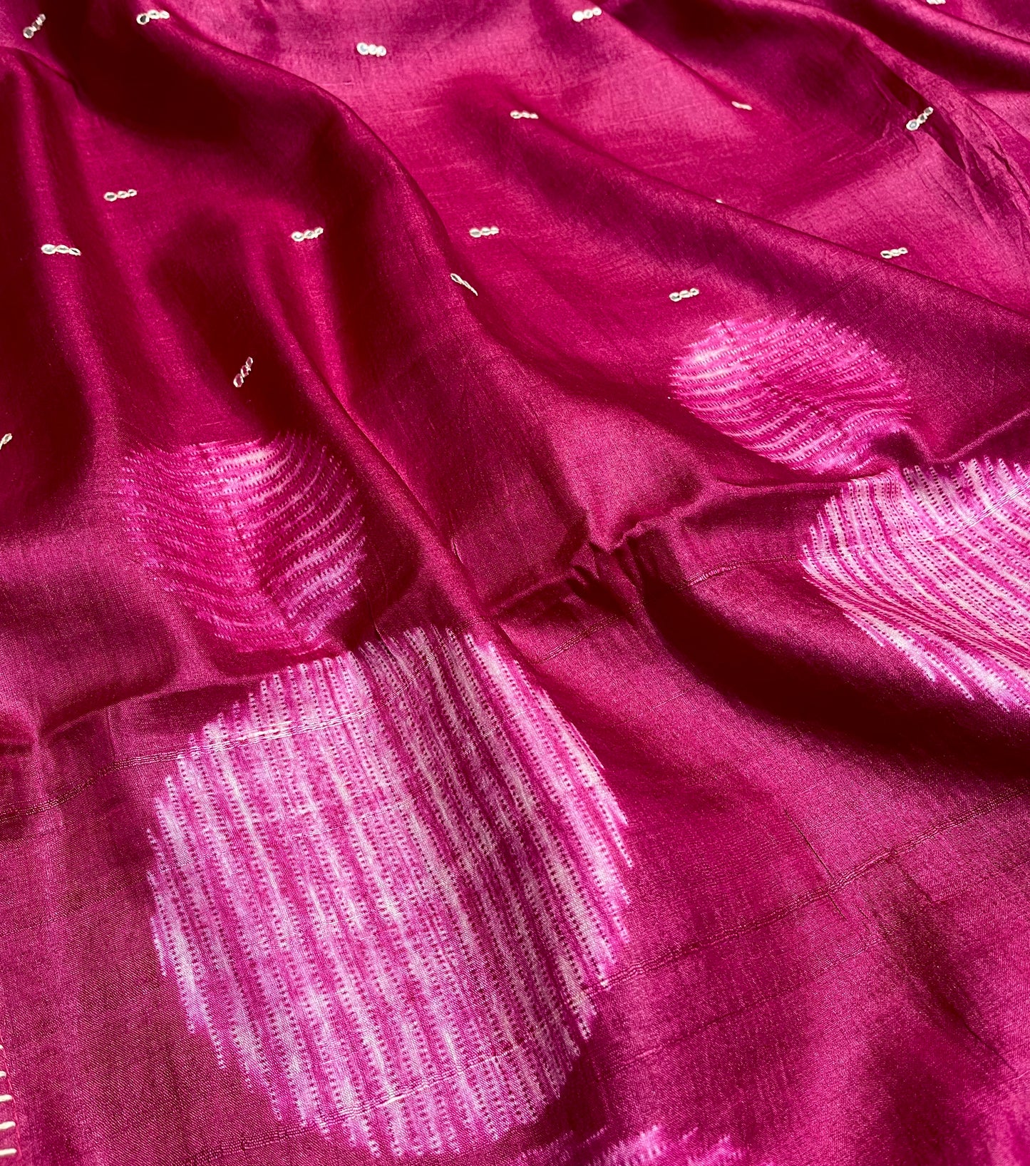 MAGENTA COLOUR PURE TUSSAR SILK SAREE EMBELLISHED WITH MIRROR FOIL WORK & EMBROIDERED BLOUSE