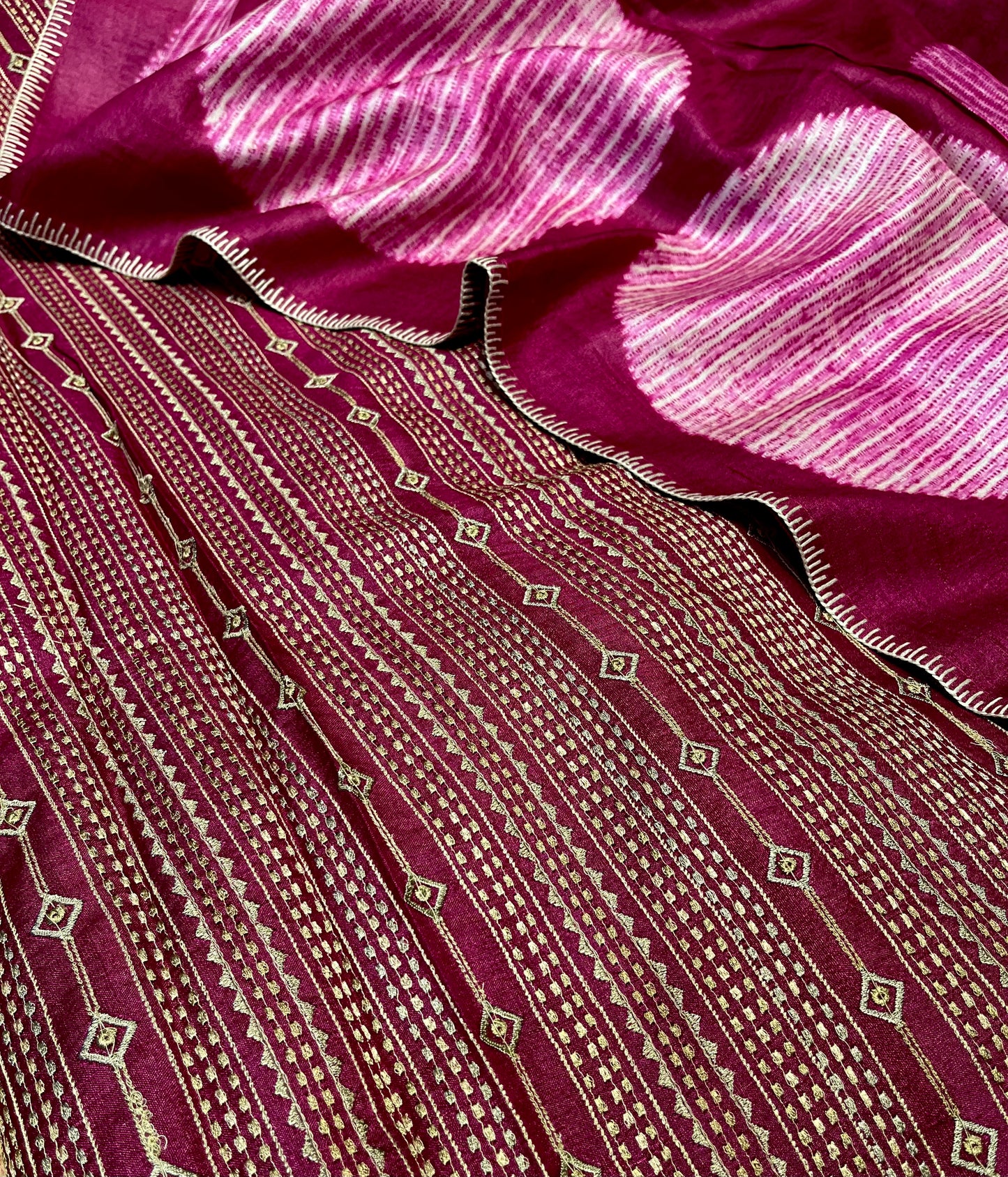 MAGENTA COLOUR PURE TUSSAR SILK SAREE EMBELLISHED WITH MIRROR FOIL WORK & EMBROIDERED BLOUSE