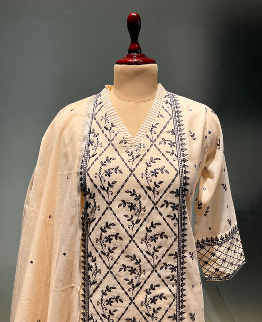 BEIGE COLOUR CHANDERI SILK EMBROIDERED READYMADE SUIT