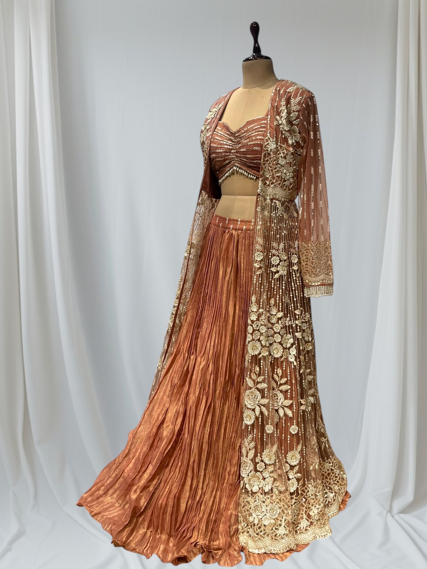 COPPER COLOUR CRUSHED TISSUE INDOWESTERN DRESS EMBELLISHED WITH BEADS, SEQUINS AND RESHAM WORK