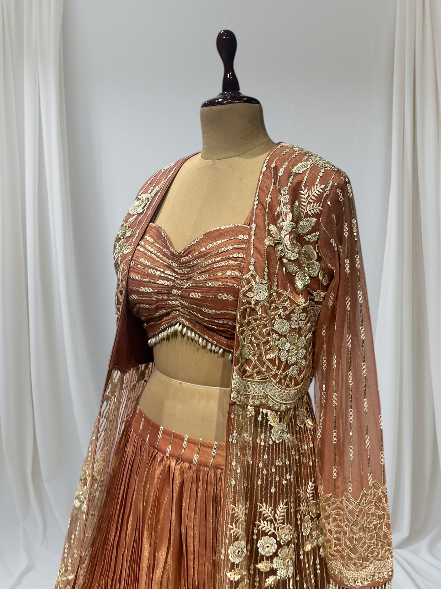 COPPER COLOUR CRUSHED TISSUE INDOWESTERN DRESS EMBELLISHED WITH BEADS, SEQUINS AND RESHAM WORK