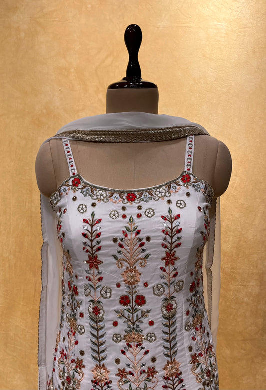 WHITE COLOR CREPE SILK EMBROIDERED PALAZZO SUIT EMBELLISHED WITH SEQUINS, CUTDANA & RESHAM WORK