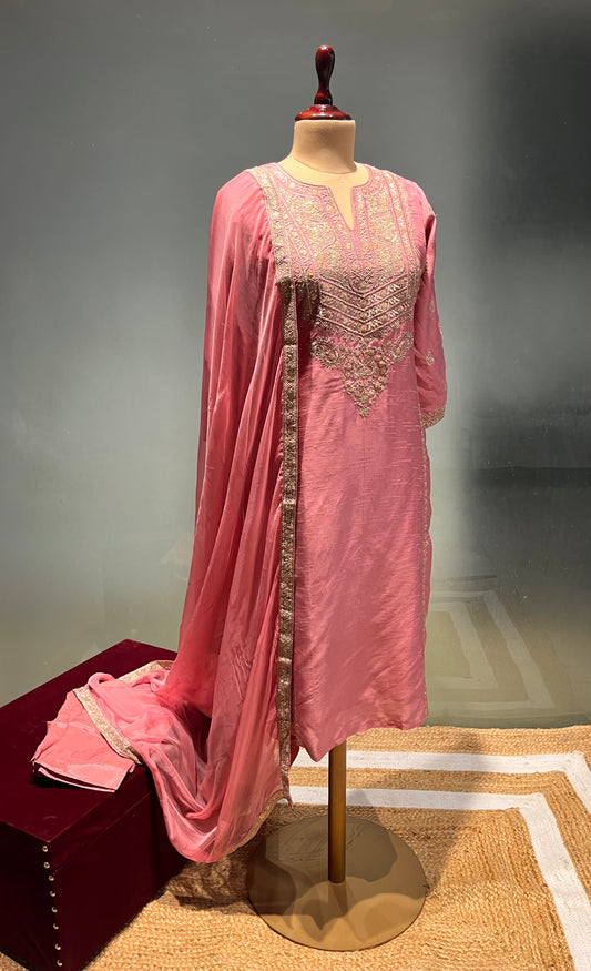 PINK COLOUR RAW SILK READYMADE SUIT WITH CHIFFON DUPATTA EMBELLISHED WITH ZARI WORK