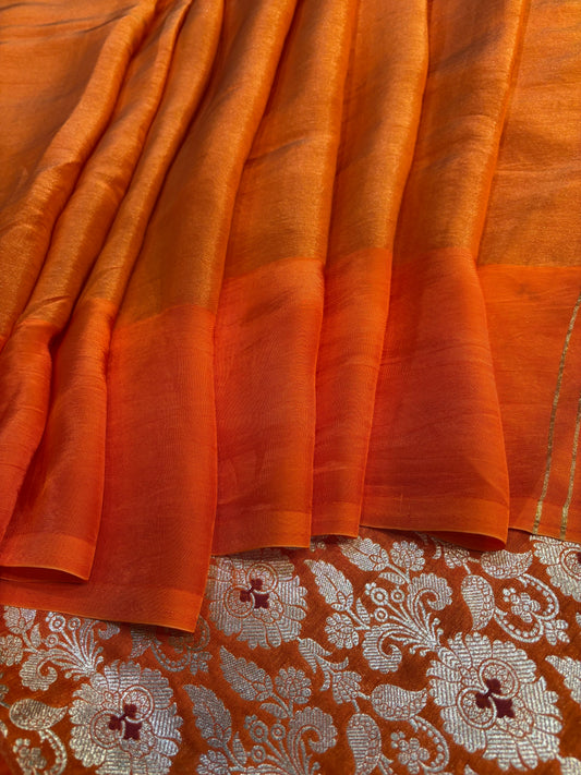 ORANGE COLOUR PLANT BASED CREPE TISSUE SAREE WITH BROCADE BANARASI BLOUSE
