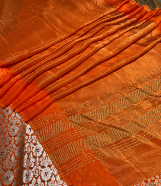ORANGE COLOUR PLANT BASED CREPE TISSUE SAREE WITH BROCADE BANARASI BLOUSE