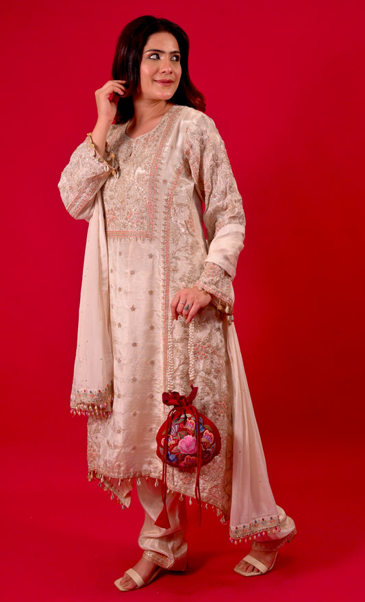 BEIGE COLOUR TISSUE GEORGETTE SUIT SET EMBELLISHED WITH RESHAM & BEADS WORK