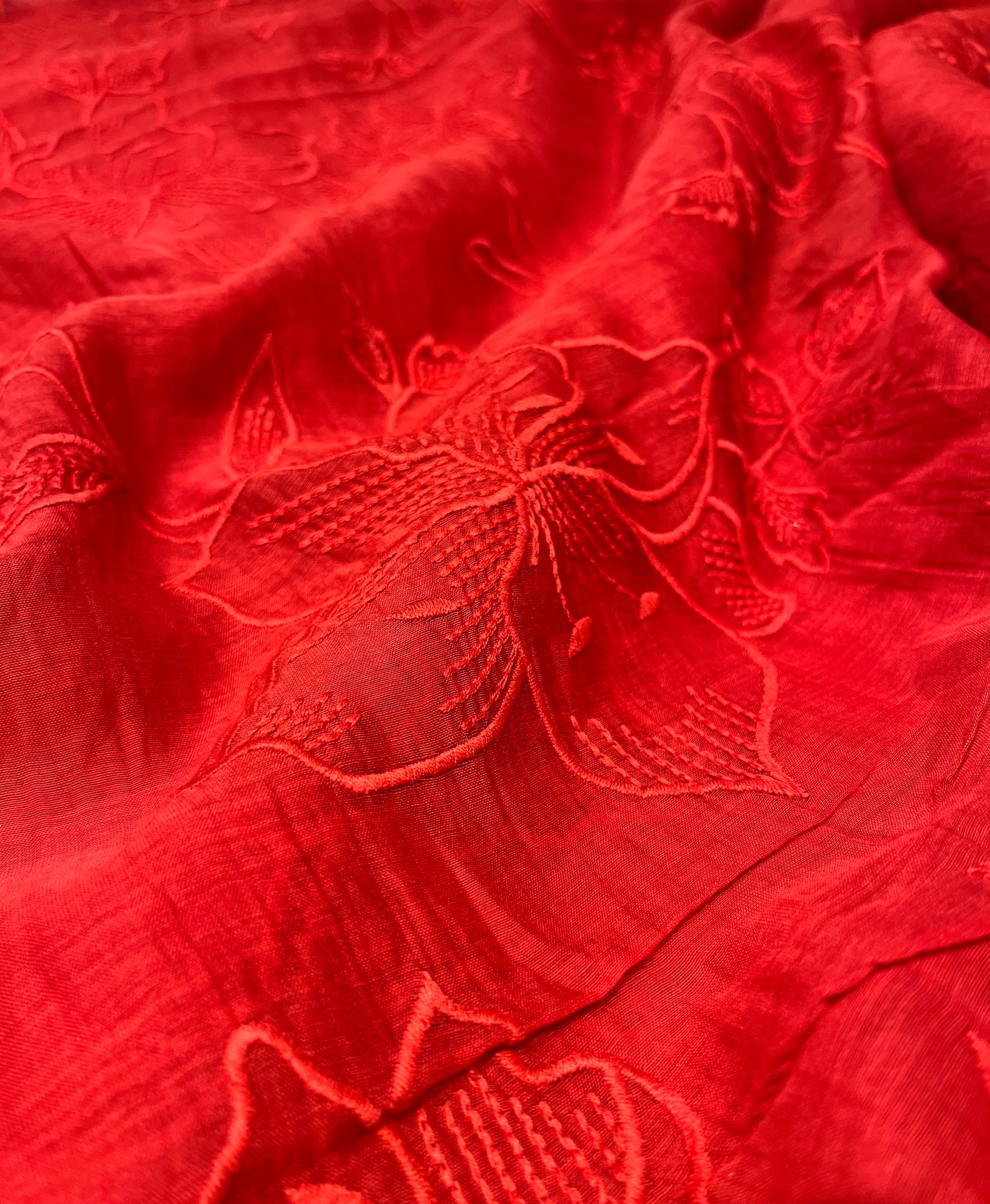 RED COLOUR, MUL CHANDERI RESHAM EMBROIDERED SAREE & SCALLOP BORDER BY SIDDHAIKA - Kothari Sons