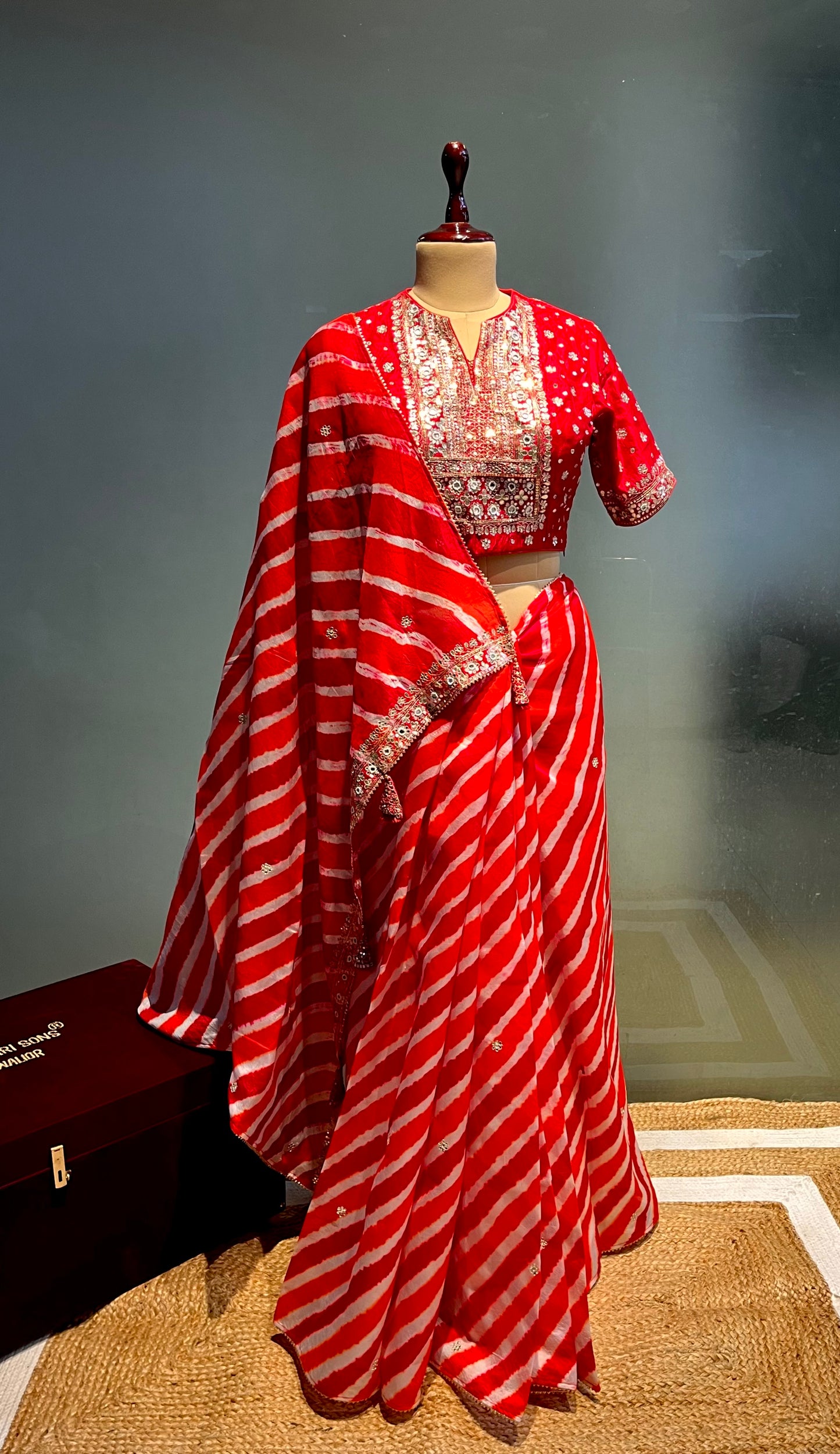 RED & ORANGE COLOUR SILK LEHERIYA SAREE WITH EMBROIDERED BLOUSE EMBELLISHED WITH GOTA PATTI & MIRROR WORK