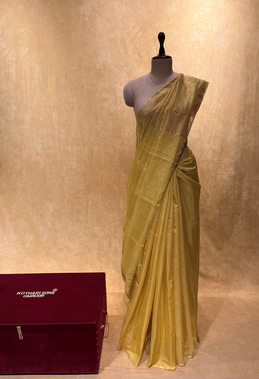 ( DELIVERY IN 25 DAYS ) LEMON YELLOW COLOUR PURE CHANDERI TISSUE HANDLOOM SAREE EMBELLISHED WITH ZARI WEAVES