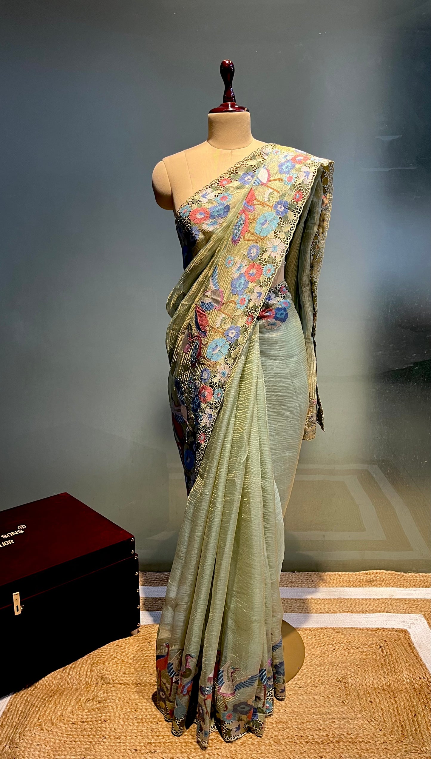 PASTEL GREEN COLOUR CRUSHED TISSUE EMBROIDERED SAREE EMBELLISHED WITH THREAD WORK