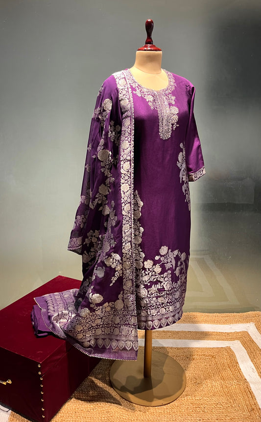 PURPLE COLOUR DOLA SILK READYMADE SUIT EMBELLISHED WITH ZARI WEAVES