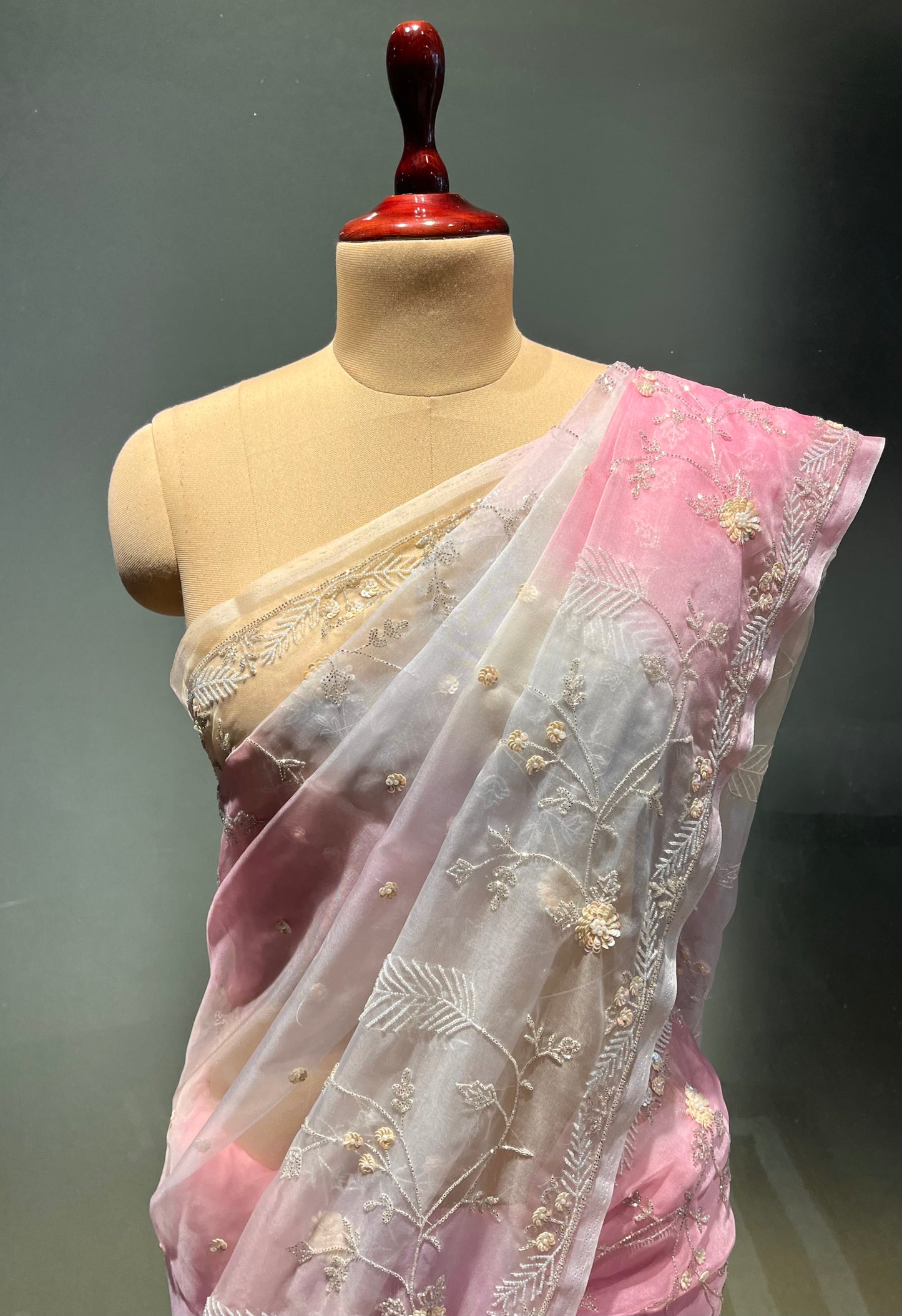 SHADED ORGANZA HAND EMBROIDERED SAREE EMBELLISHED WITH CUTDANA & SEQUINS WORK