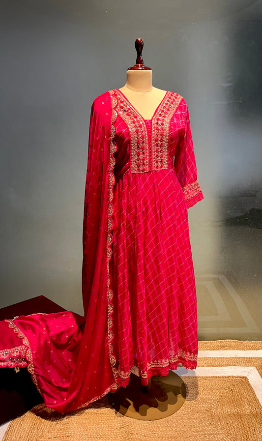 PINK COLOUR CREPE SILK LEHERIYA ANARKALI STYLE SUIT WITH CHINON DUPATTA