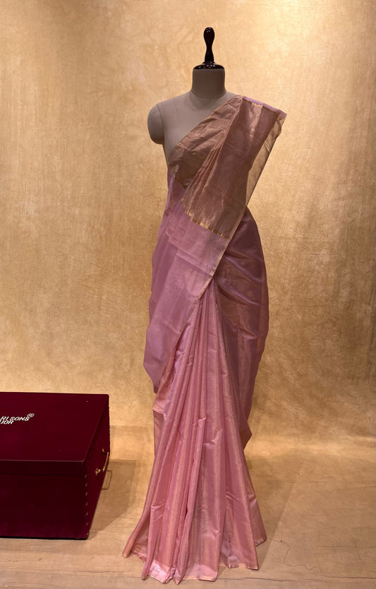 ( DELIVERY IN 25 DAYS ) PINK COLOUR CHANDERI TISSUE SAREE EMBELLISHED WITH ZARI WEAVES