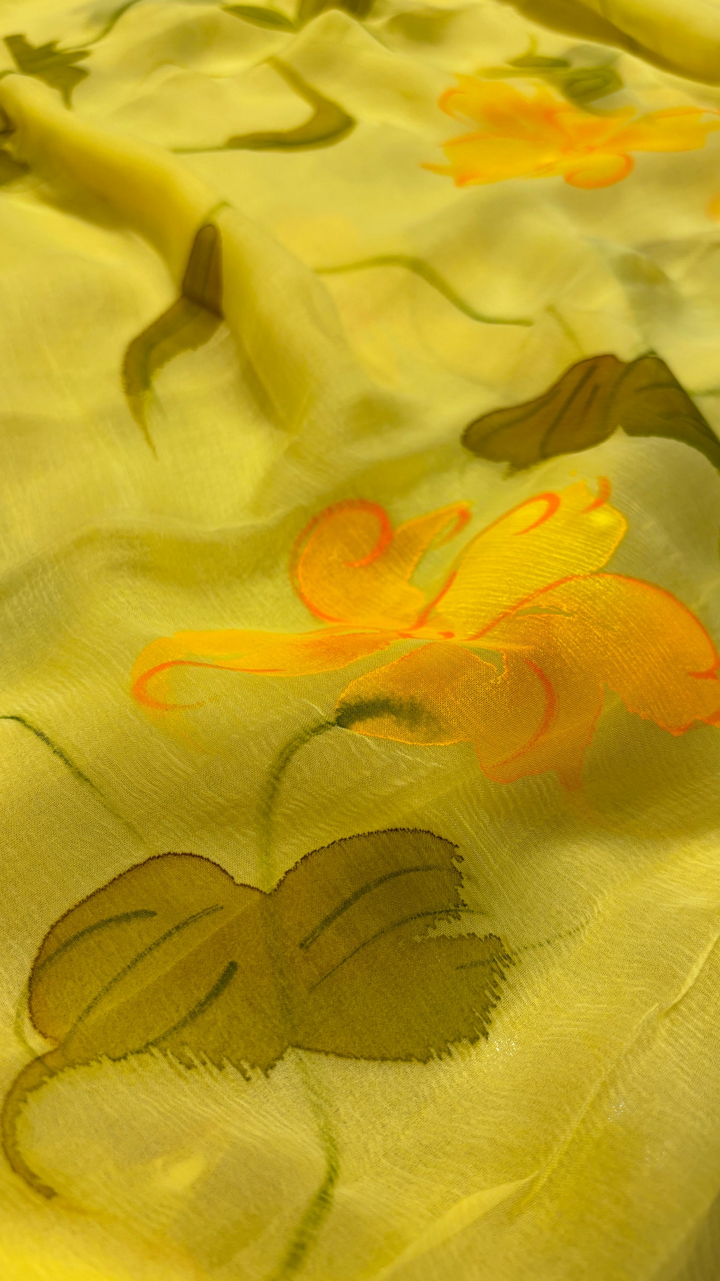 YELLOW HAND-PAINTED CHIFFON SAREE WITHOUT BLOUSE (DELIVERY IN 25 DAYS)