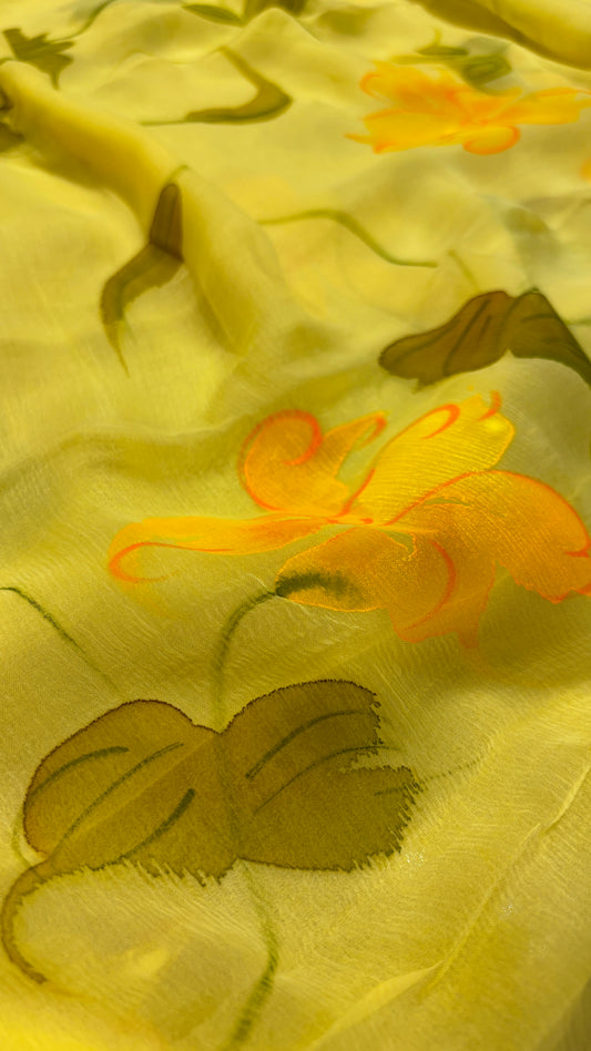 YELLOW HAND-PAINTED CHIFFON SAREE WITHOUT BLOUSE (DELIVERY IN 25 DAYS)