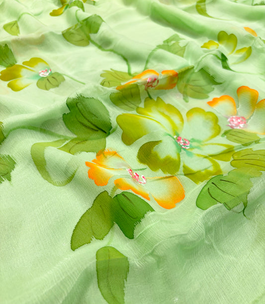 MINT GREEN HAND-PAINTED CHIFFON SAREE WITHOUT BLOUSE( DELIVERY IN 25 DAYS )