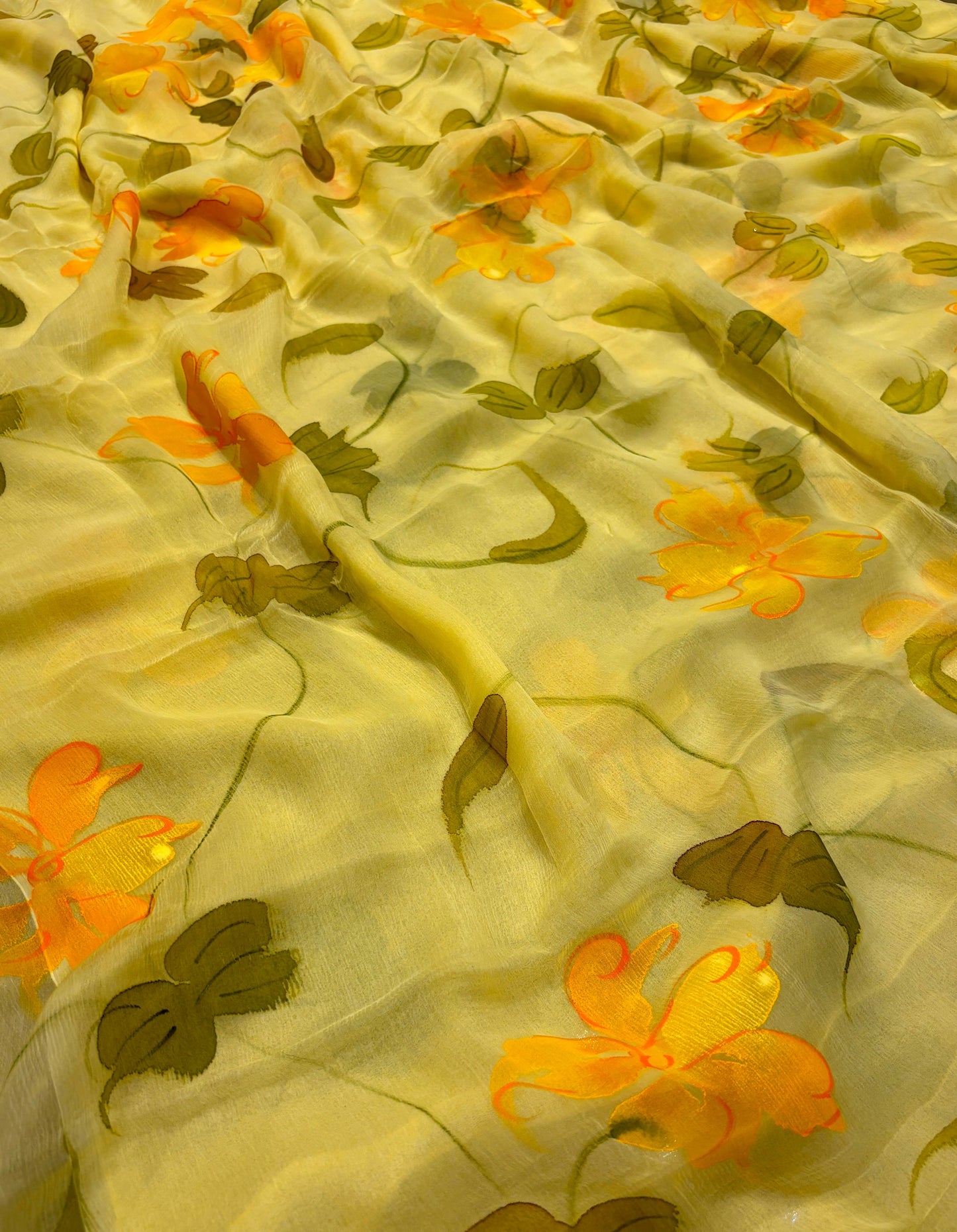 YELLOW HAND-PAINTED CHIFFON SAREE WITHOUT BLOUSE (DELIVERY IN 25 DAYS)